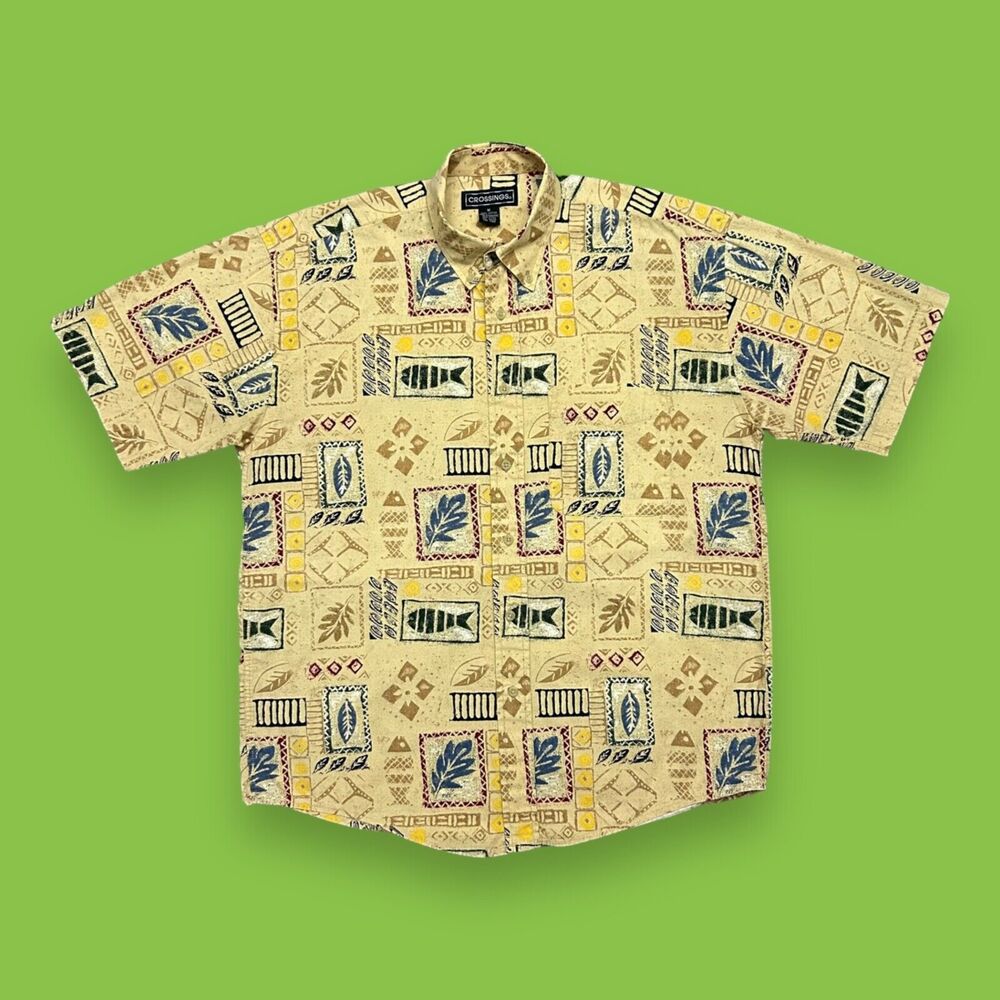 Vintage All Over Print Button Up Shirt Geometric Pattern Fish Leaf Baggy Fit